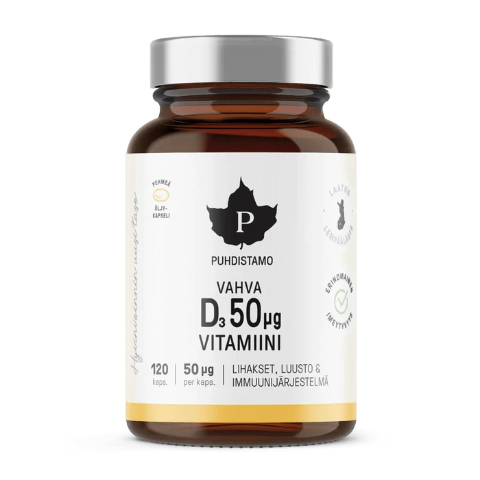 Puhdistamo Vahva D-vitamiini 50 µg 120 kaps. - Päiväys 12/2024 - Sinunapteekki.fi