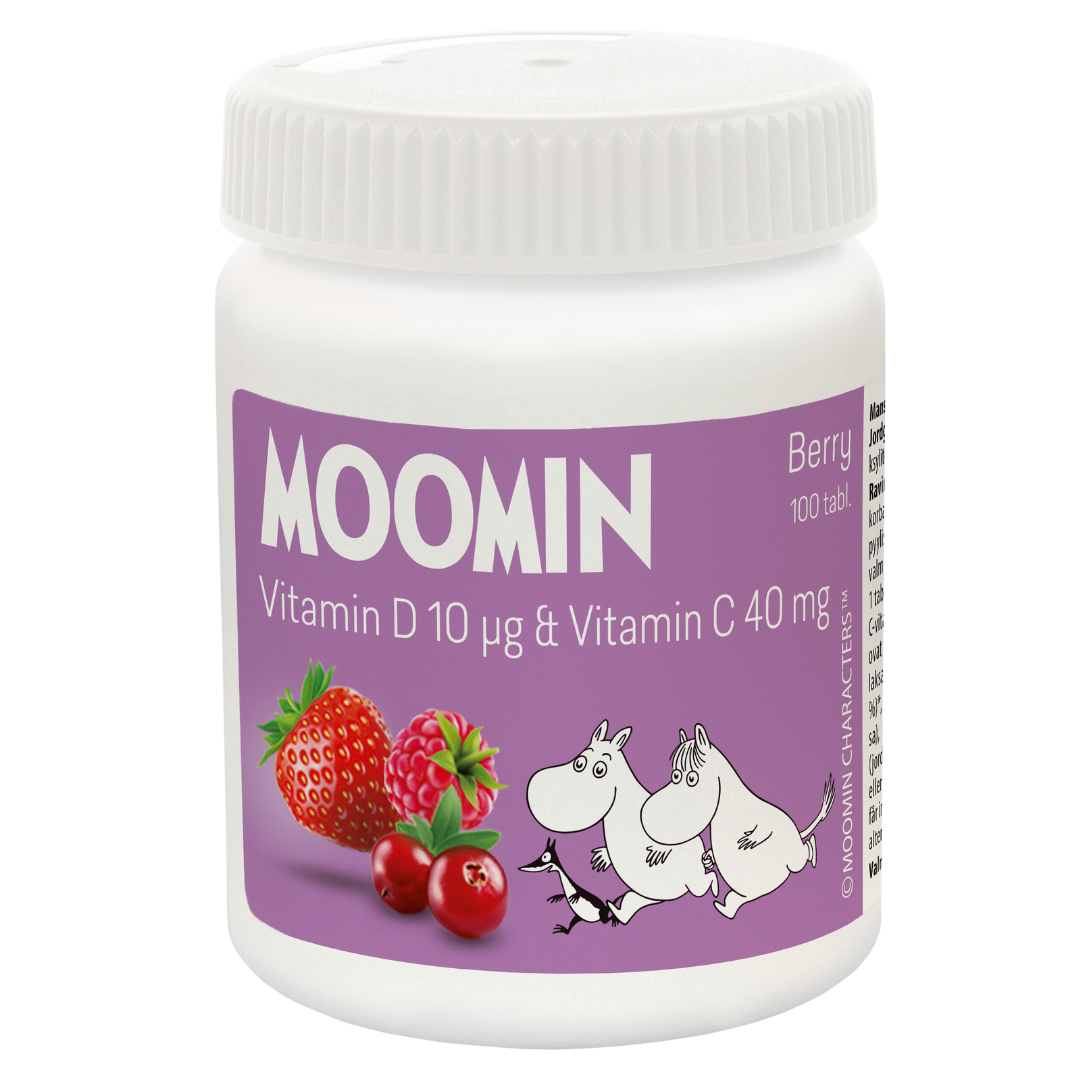 Moomin Vitamin D 10 µg & Vitamin C 40 mg Berry - D & C-Vitamiini Purutabletti 100 tabl. - Sinunateekki.fi