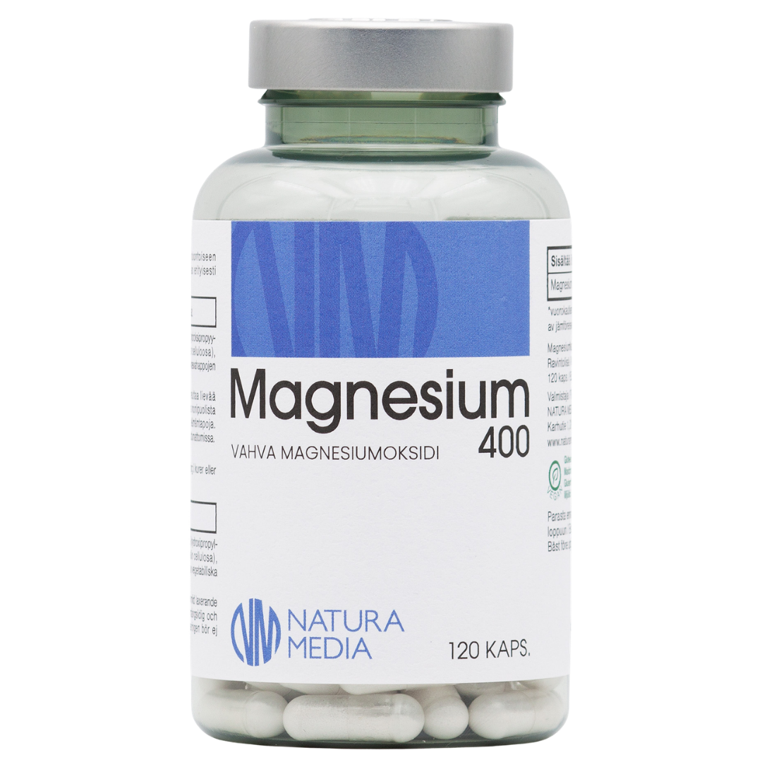 Natura Media Magnesium 400 mg 120 kaps., vahva magnesiumoksidi, sinunapteekki.fi