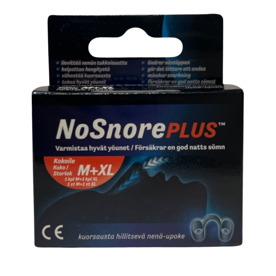 NoSnore PLUS Kokeilupakkaus - Kuorsausta hillitsevä nenä-upoke Koko XL x 1 + M x 1