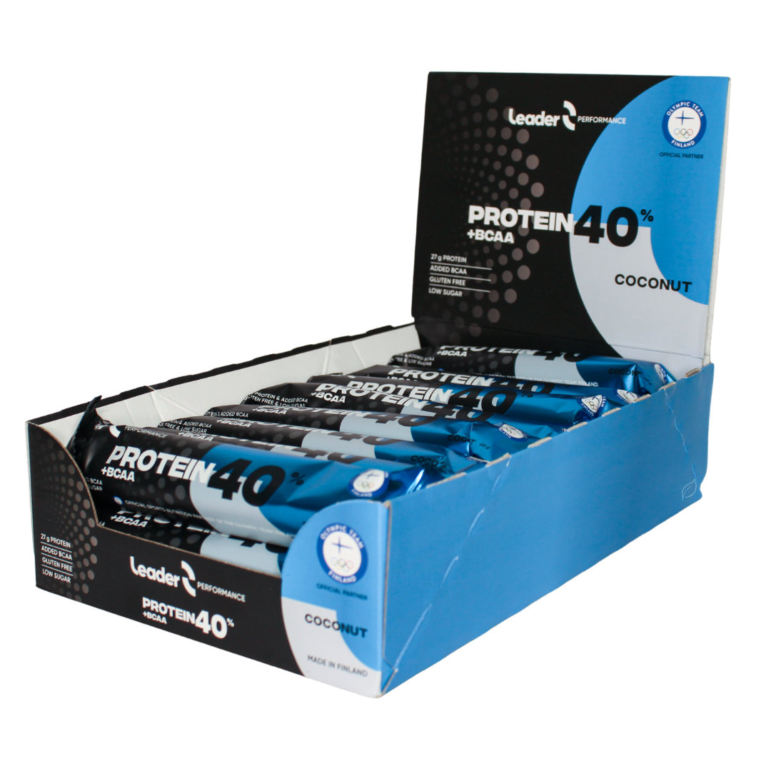 Leader 40 % Protein + BCAA Coconut - Proteiinipatukka 24 x 68 g TUKKUPAKKAUS