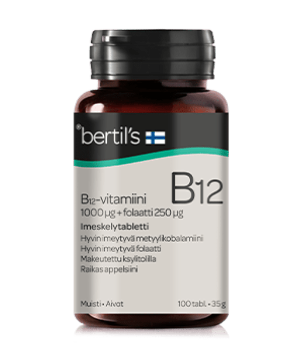Bertil's Vitamin B12-vitamiini 1000 µg + folaatti 250 µg - maku: raikas appelsiini 100 tabl. - Sinunapteekki.fi