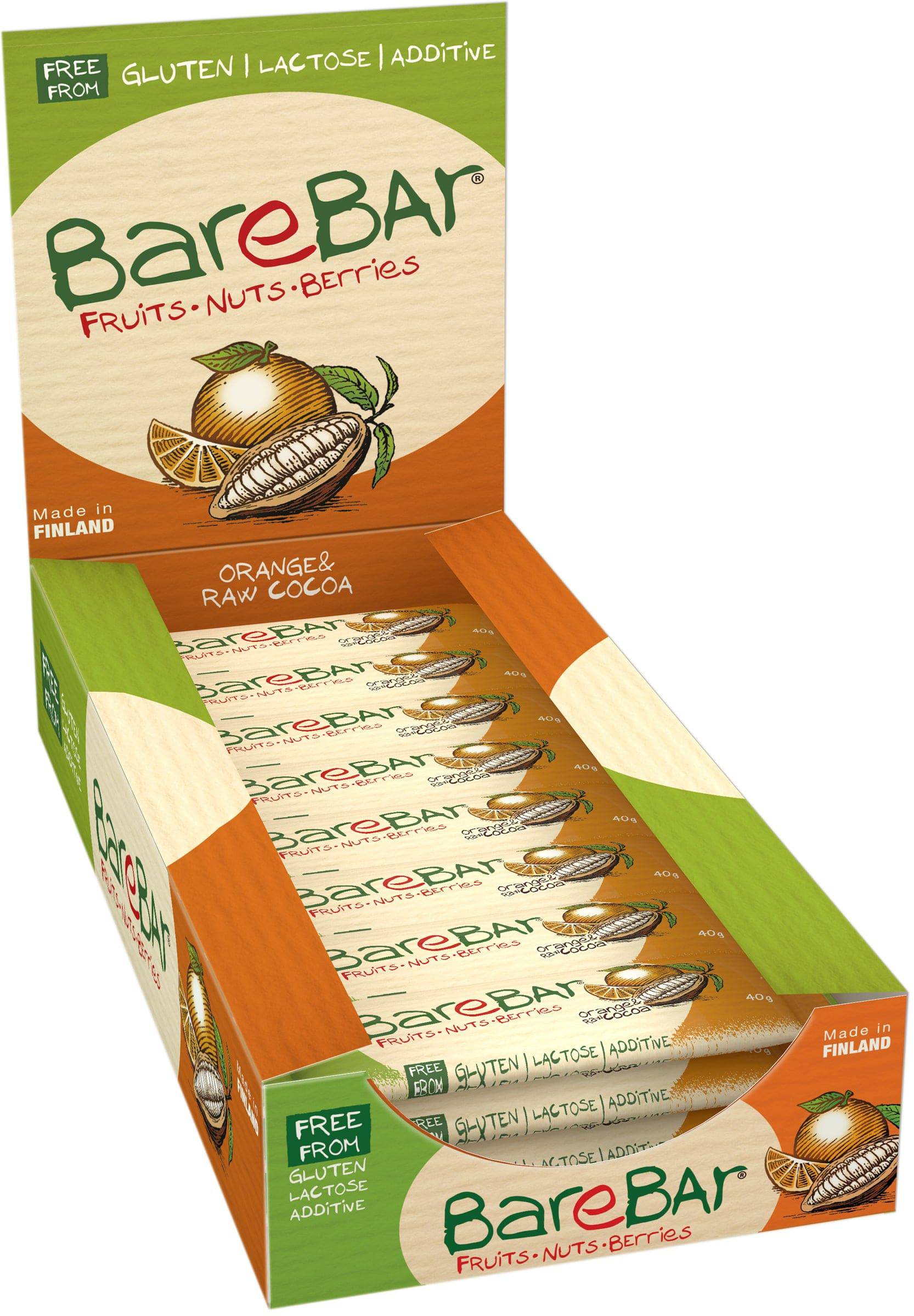 Leader BareBar Appelsiini-Raakakaakaopatukka 24 x 40g tukkupakkaus - Uudistunut - Sinunapteekki.fi